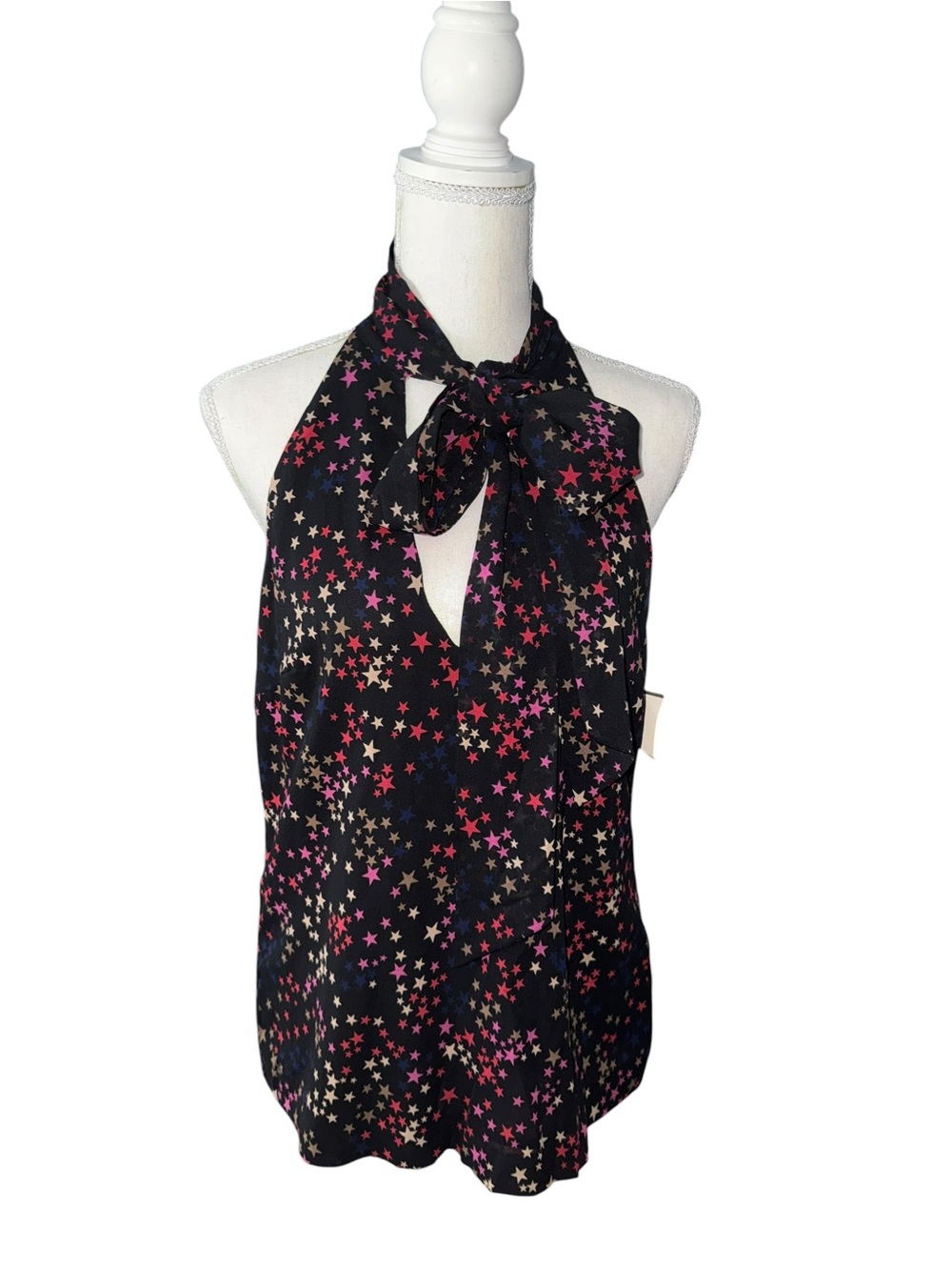 Trina Turk Nwt Silk Star Print Tie-Neck Top, colorful and fun print!